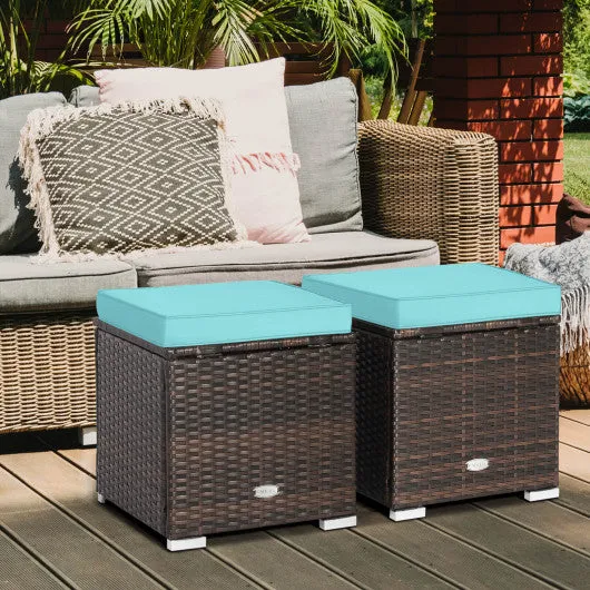 2 Pieces Patio Ottoman with Removable Cushions-Turquoise