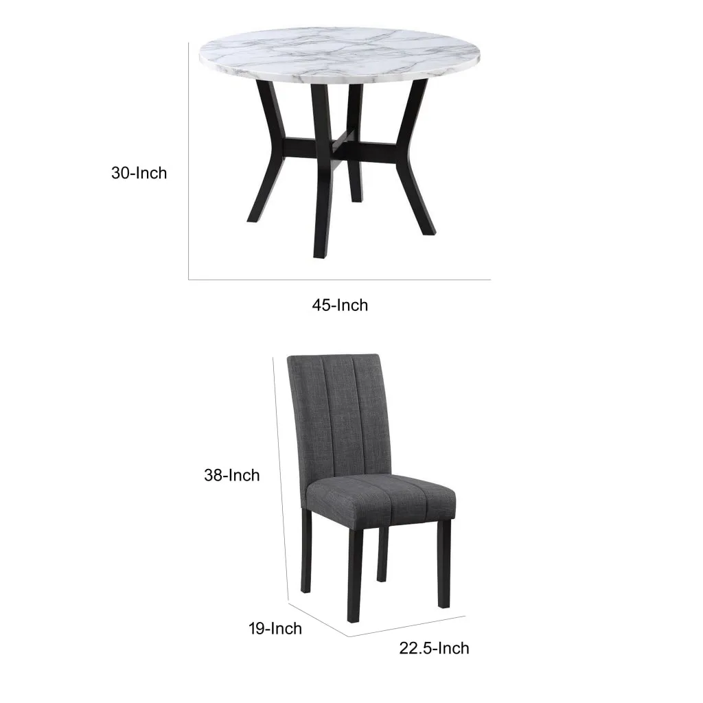 5 Piece Dining Table and Chairs Set, Black Wood, Fabric, Faux Stone Top By Casagear Home