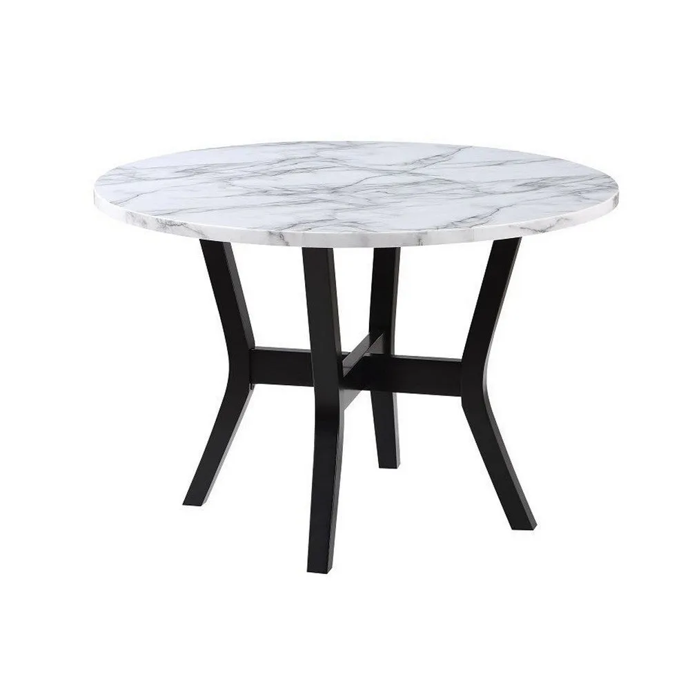 5 Piece Dining Table and Chairs Set, Black Wood, Fabric, Faux Stone Top By Casagear Home