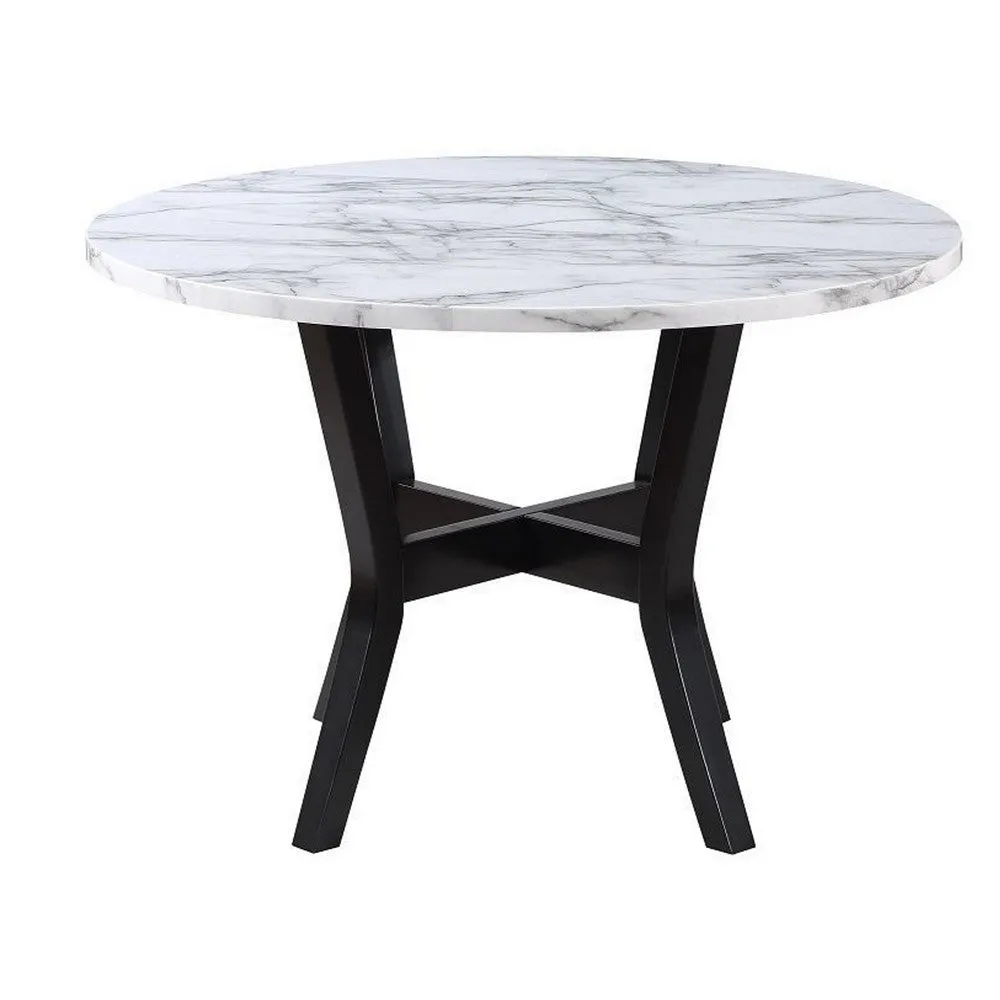 5 Piece Dining Table and Chairs Set, Black Wood, Fabric, Faux Stone Top By Casagear Home