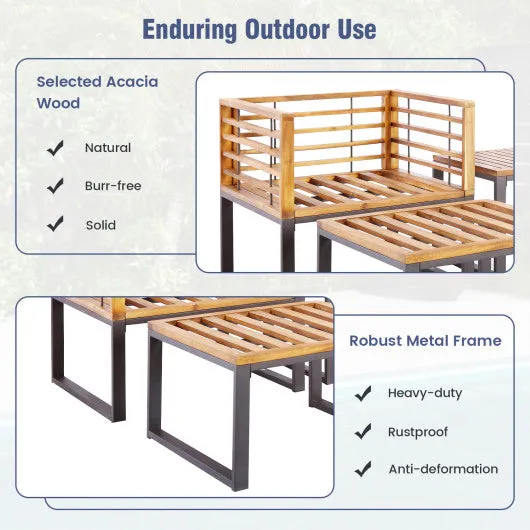 5 Piece Patio Acacia Wood Chair Set with Ottomans and Coffee Table-Navy