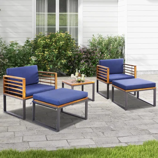 5 Piece Patio Acacia Wood Chair Set with Ottomans and Coffee Table-Navy