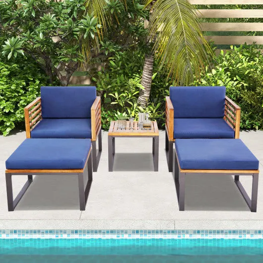 5 Piece Patio Acacia Wood Chair Set with Ottomans and Coffee Table-Navy