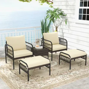 5 Piece Patio Conversation Set with Ottomans and Coffee Table