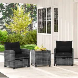 5 Piece Patio Rattan Furniture with 2 Ottomans and Tempered Glass Coffee Table-Black