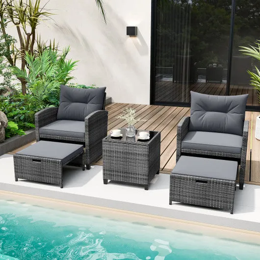 5 Piece Patio Rattan Furniture with 2 Ottomans and Tempered Glass Coffee Table-Gray