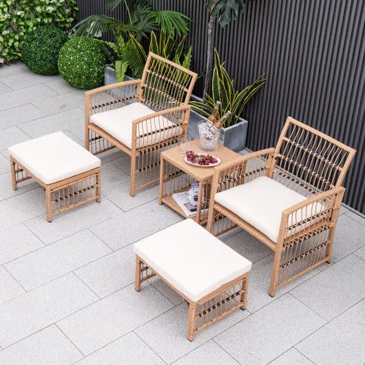 5 Piece Patio Wicker Sofa Set with Seat and Back Cushions-Natural