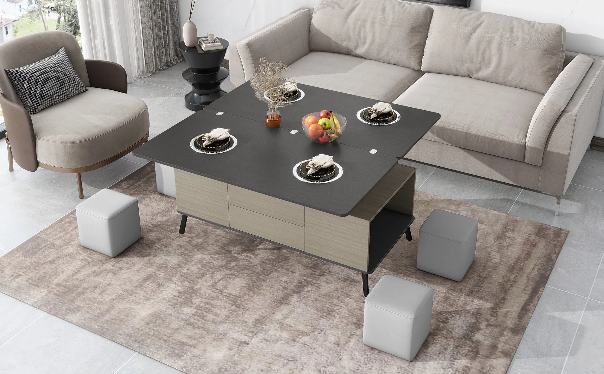 5 Pieces Lift Top Coffee Table Set with Convertible Storage