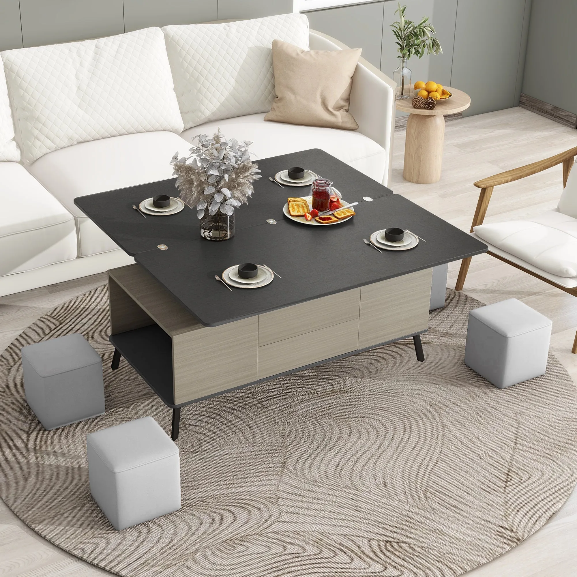 5 Pieces Lift Top Coffee Table Set with Convertible Storage