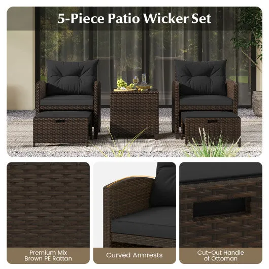 5 Pieces Patio Rattan Furniture with 2 Ottomans and Tempered Glass Coffee Table-Black