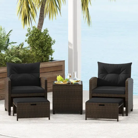 5 Pieces Patio Rattan Furniture with 2 Ottomans and Tempered Glass Coffee Table-Black