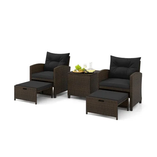 5 Pieces Patio Rattan Furniture with 2 Ottomans and Tempered Glass Coffee Table-Black