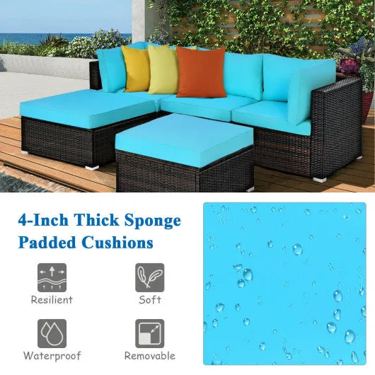 5 Pieces Patio Rattan Sectional Conversation Ottoman Furniture Set-Blue