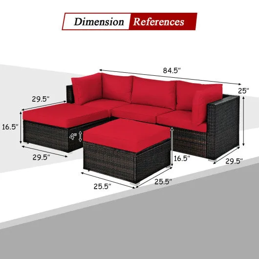 5 Pieces Patio Rattan Sofa Set with Cushion and Ottoman-Red