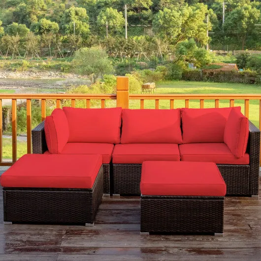 5 Pieces Patio Rattan Sofa Set with Cushion and Ottoman-Red