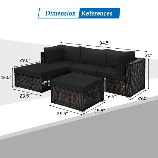 5 Pieces Patio Sectional Rattan Furniture Set with Ottoman Table-Black