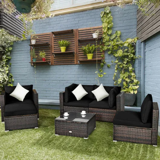 6 Pcs Patio Rattan Furniture Set with Sectional Cushion-Black