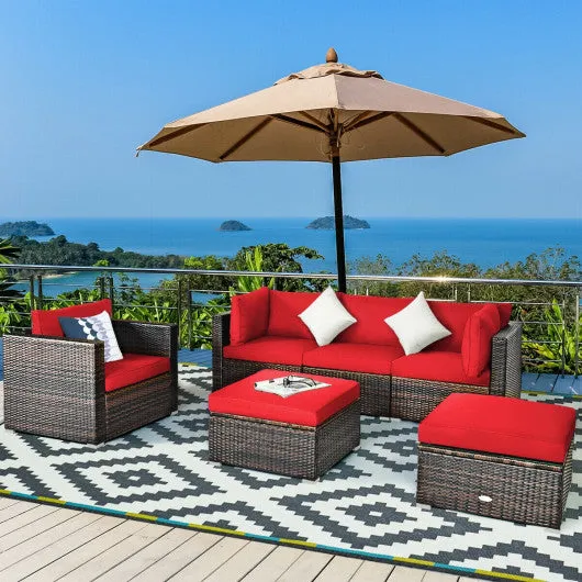 6 Pcs Patio Rattan Furniture Set with Sectional Cushion-Red