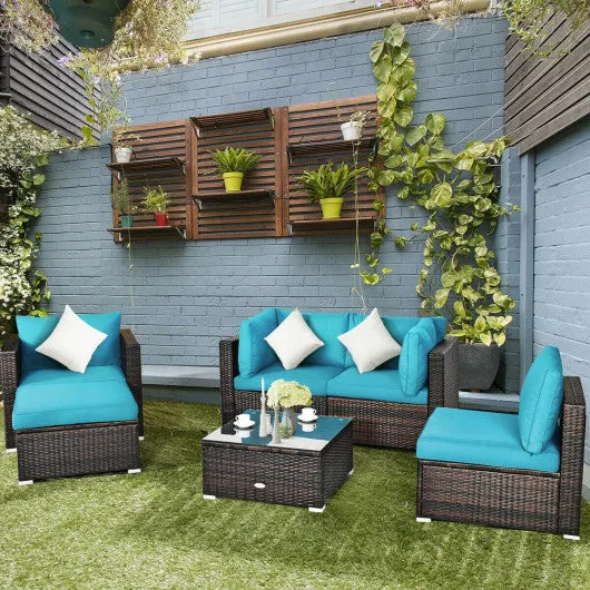 6 Pcs Patio Rattan Furniture Set with Sectional Cushion-Turquoise