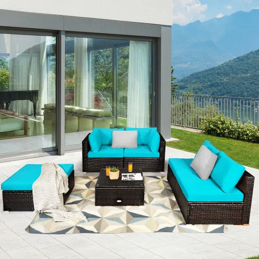 6 Pieces Outdoor Patio Rattan Furniture Set Sofa Ottoman-Turquoise