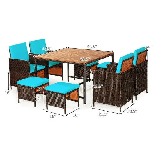 9 Pieces Patio Rattan Dining Cushioned Chairs Set-Turquoise