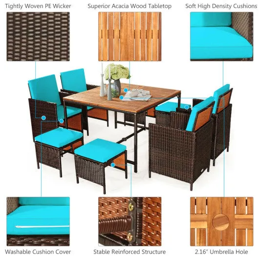 9 Pieces Patio Rattan Dining Cushioned Chairs Set-Turquoise