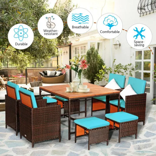 9 Pieces Patio Rattan Dining Cushioned Chairs Set-Turquoise