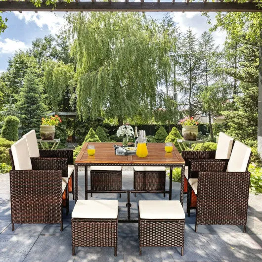 9 Pieces Patio Rattan Dining Cushioned Chairs Set-White