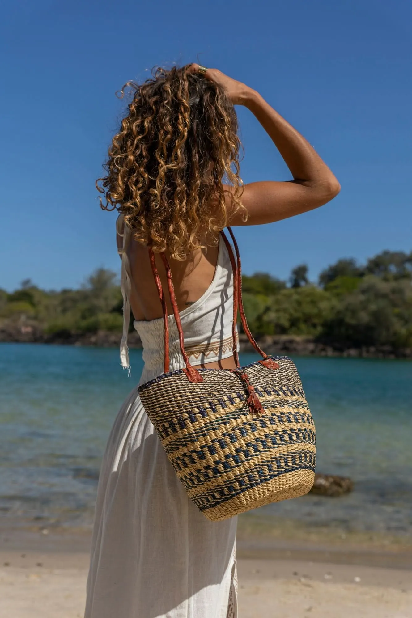 African Woven Basket in Blue and Natural - Wholesale