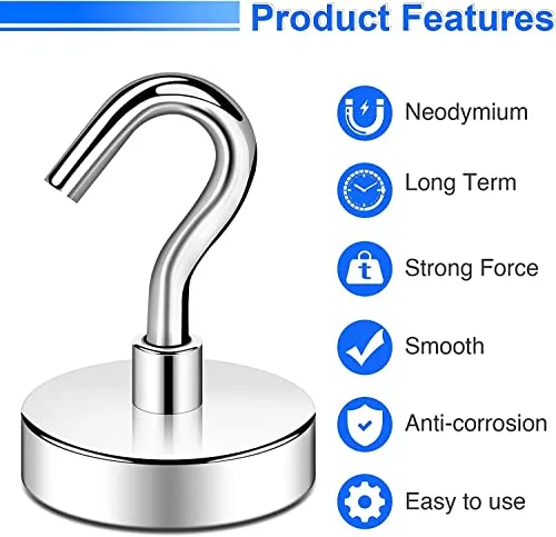 AJSCOP Magnetic Hooks Heavy Duty, 80 LBS Neodymium Magnet Hooks for Home, Kitchen, Workplace, Office, Garage and Indoor Hanging (12)