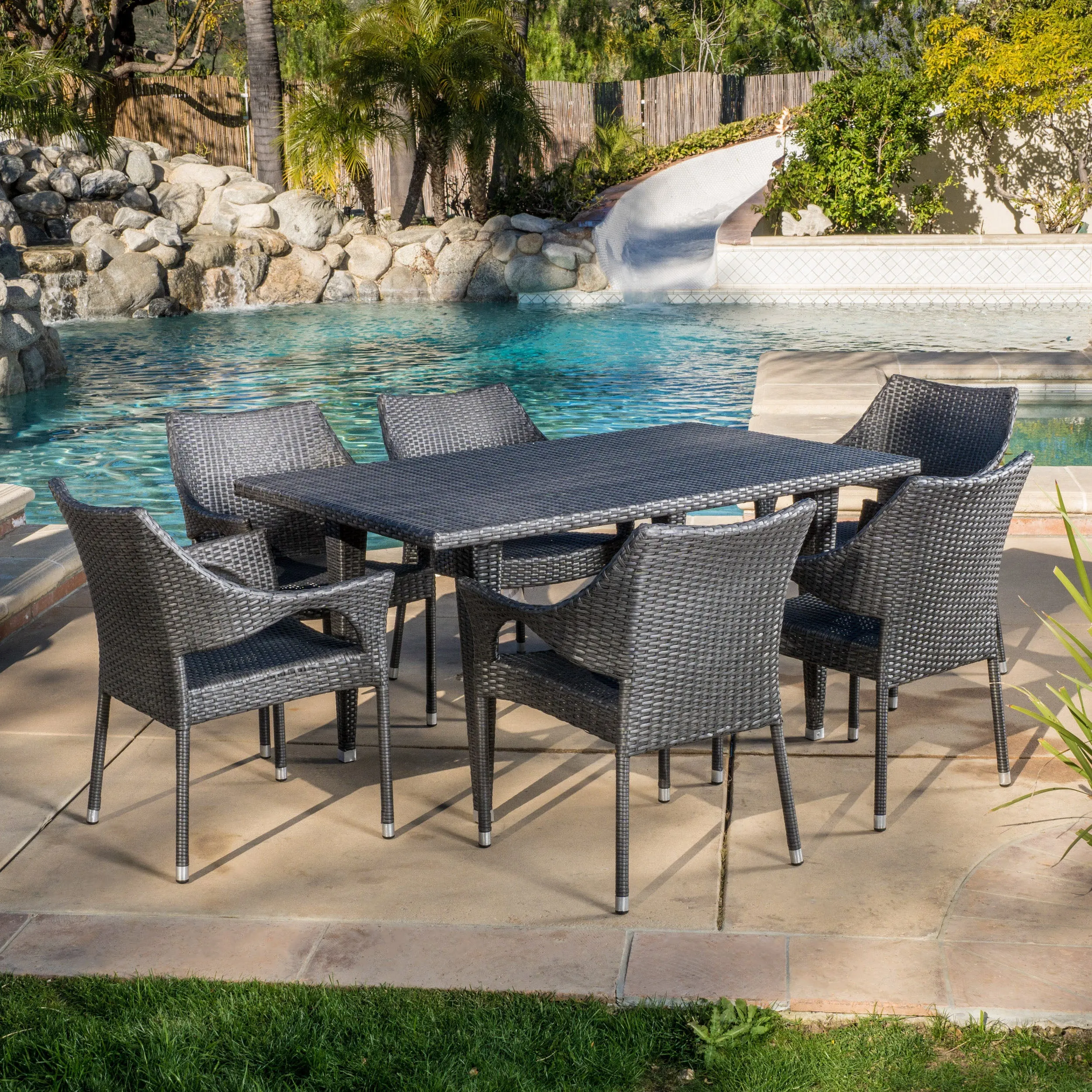 Alameda Outdoor 7-Piece Gray Wicker Dining Set with Stacking Chairs