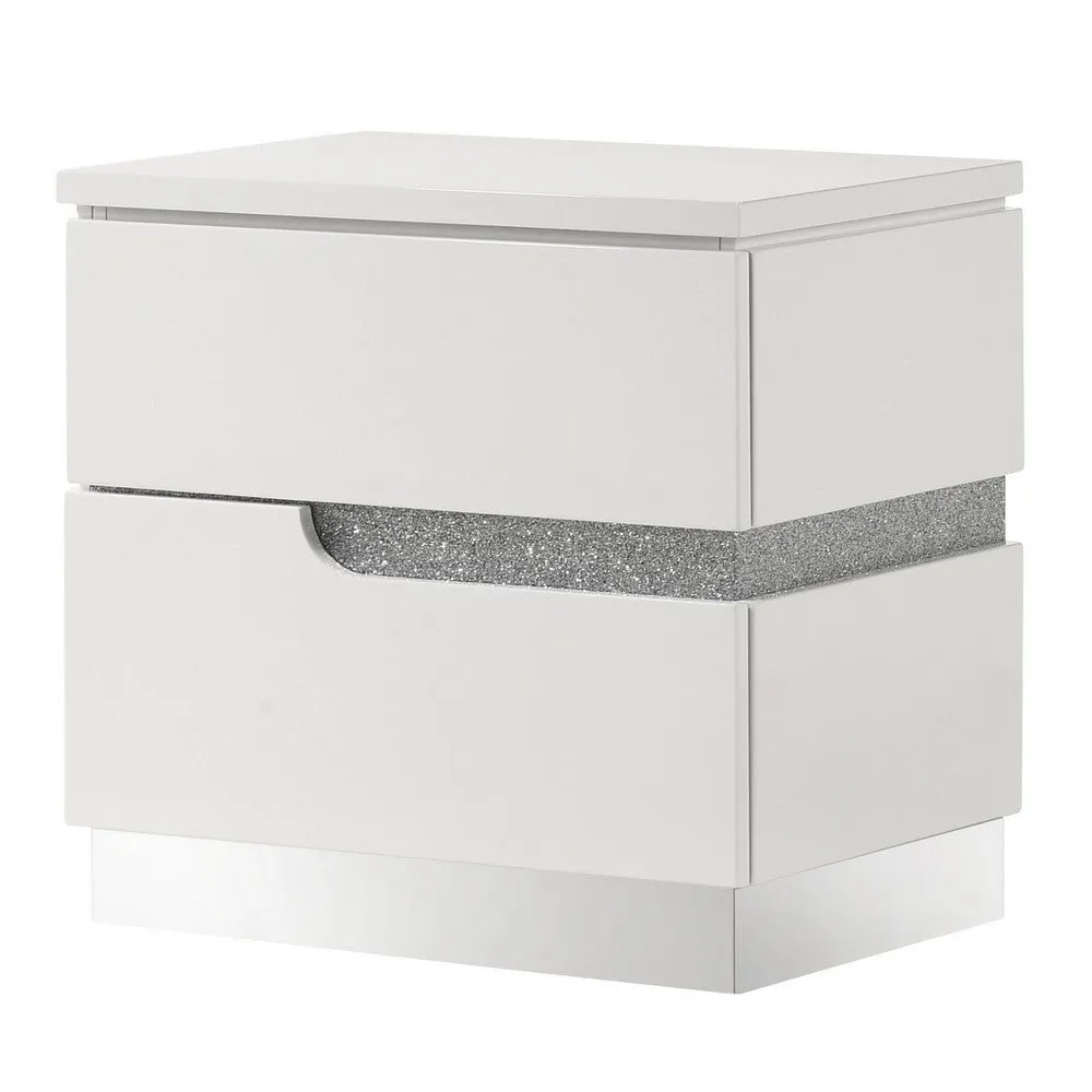 Ara 23 Inch Nightstand, 2 Drawers, Crystal Accents, White Laminate Finish By Casagear Home