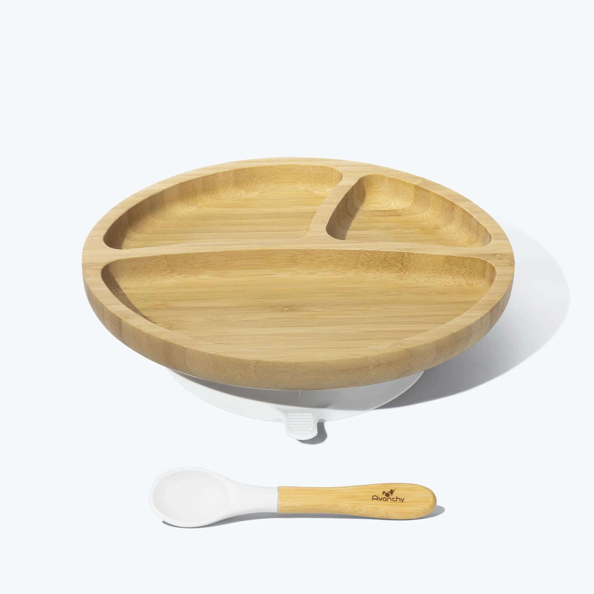 Avanchy Bamboo Suction Toddler Plate   Spoon - White