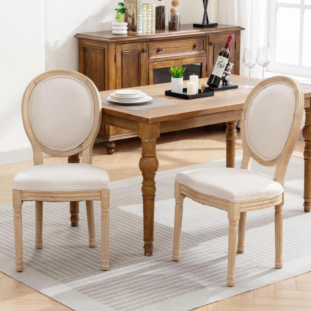 Beige Linen Dining Chairs, Solid Wood Legs, Set of 6