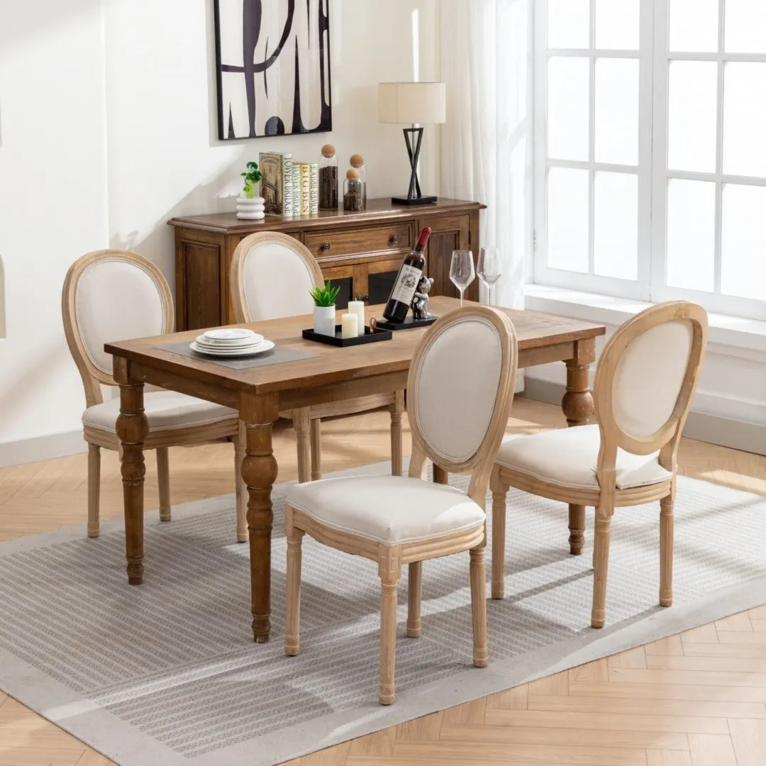 Beige Linen Dining Chairs, Solid Wood Legs, Set of 6