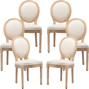 Beige Linen Dining Chairs, Solid Wood Legs, Set of 6