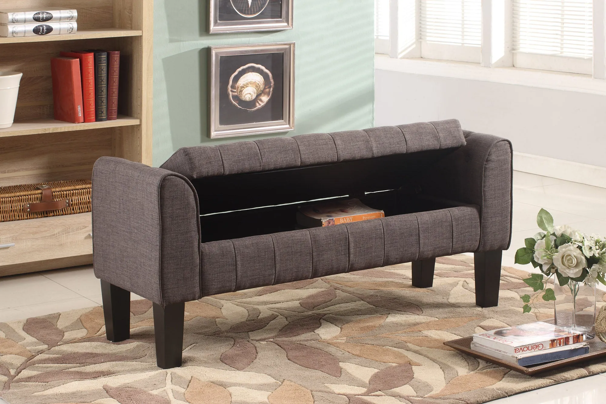 Benzara 50 Inch Wooden Tufted Storage Ottoman with Armrests Gray