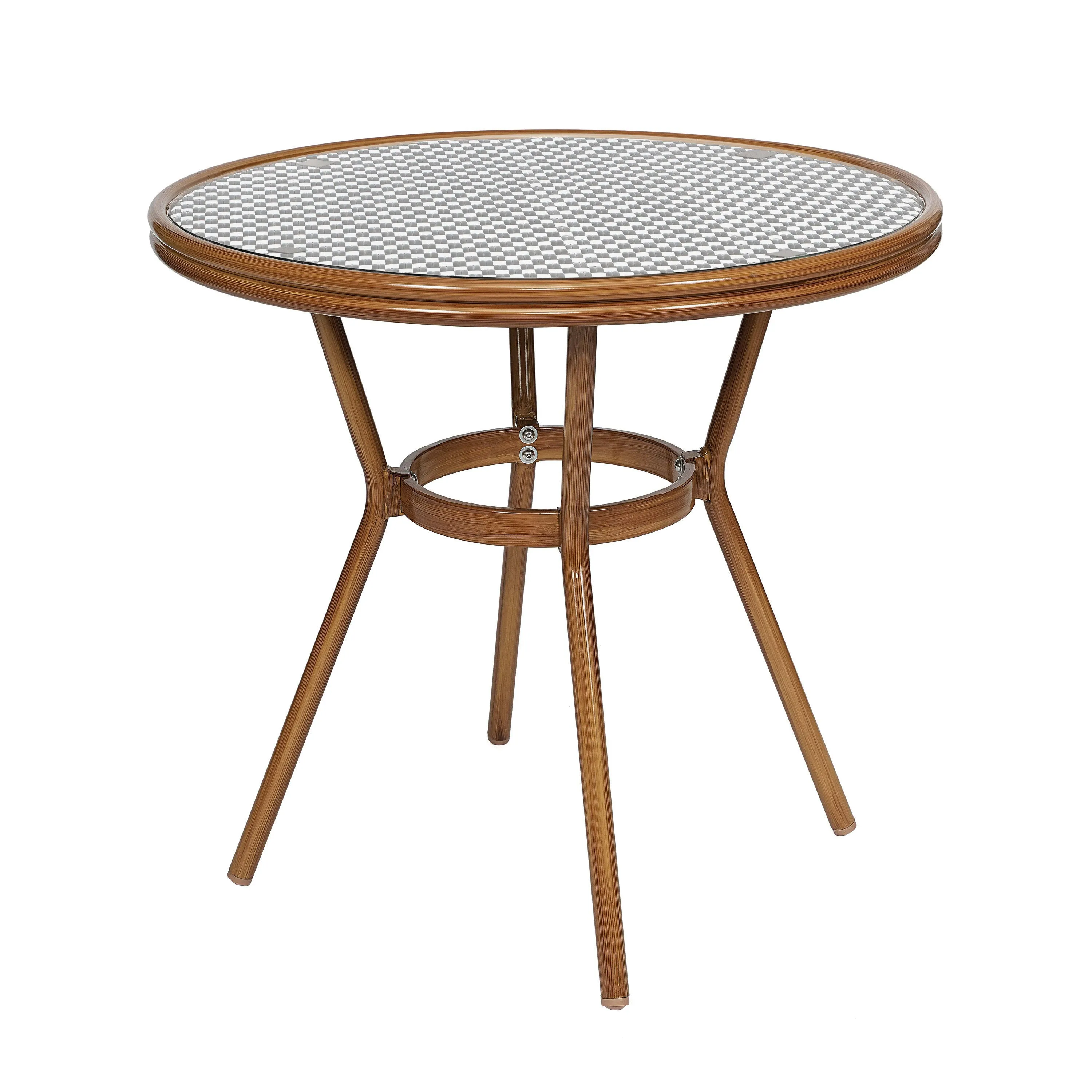 Bordeaux Indoor/Outdoor Commercial Bistro 31.5" Table, PE Rattan, Glass Top with 2 Stack Chairs