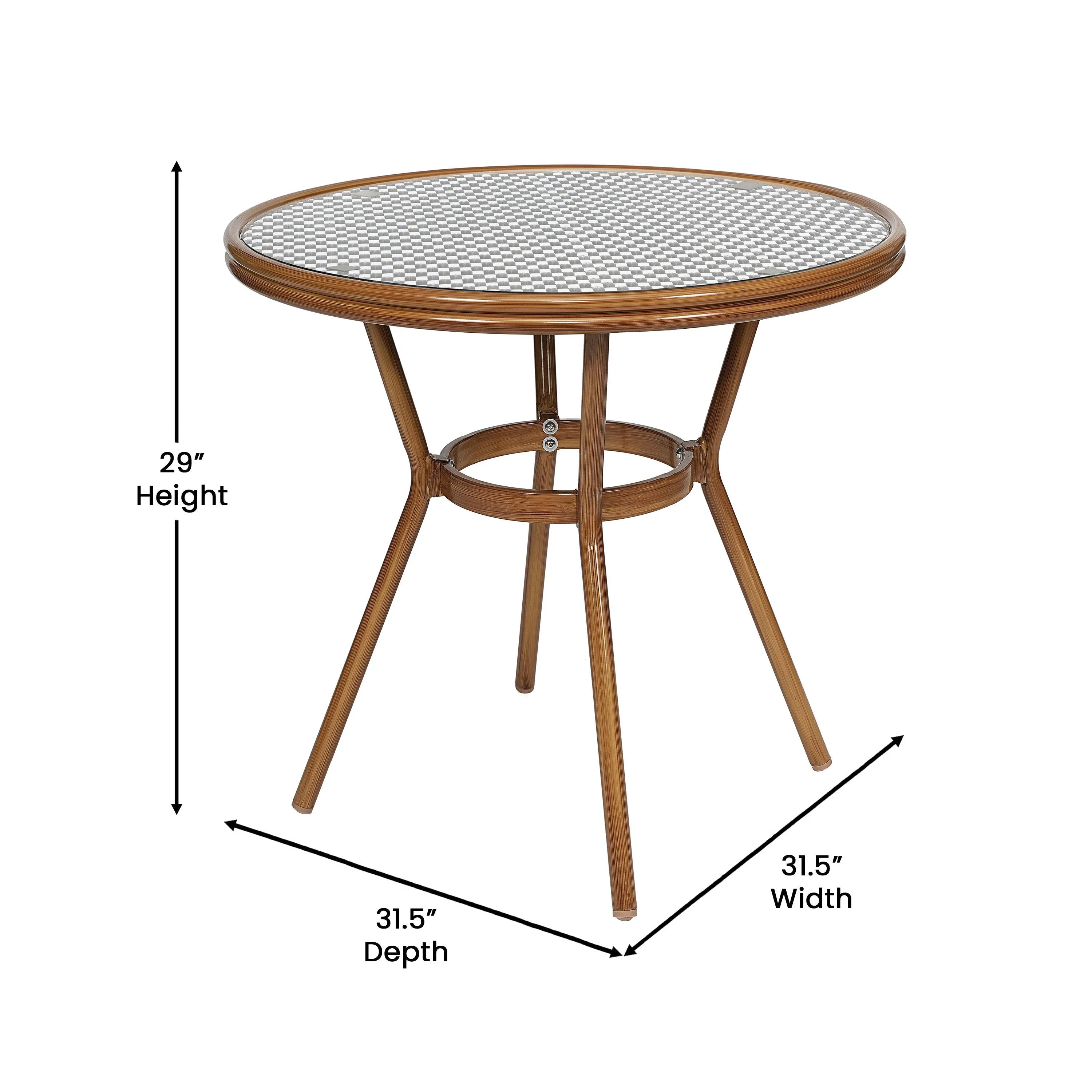 Bordeaux Indoor/Outdoor Commercial Bistro 31.5" Table, PE Rattan, Glass Top with 2 Stack Chairs