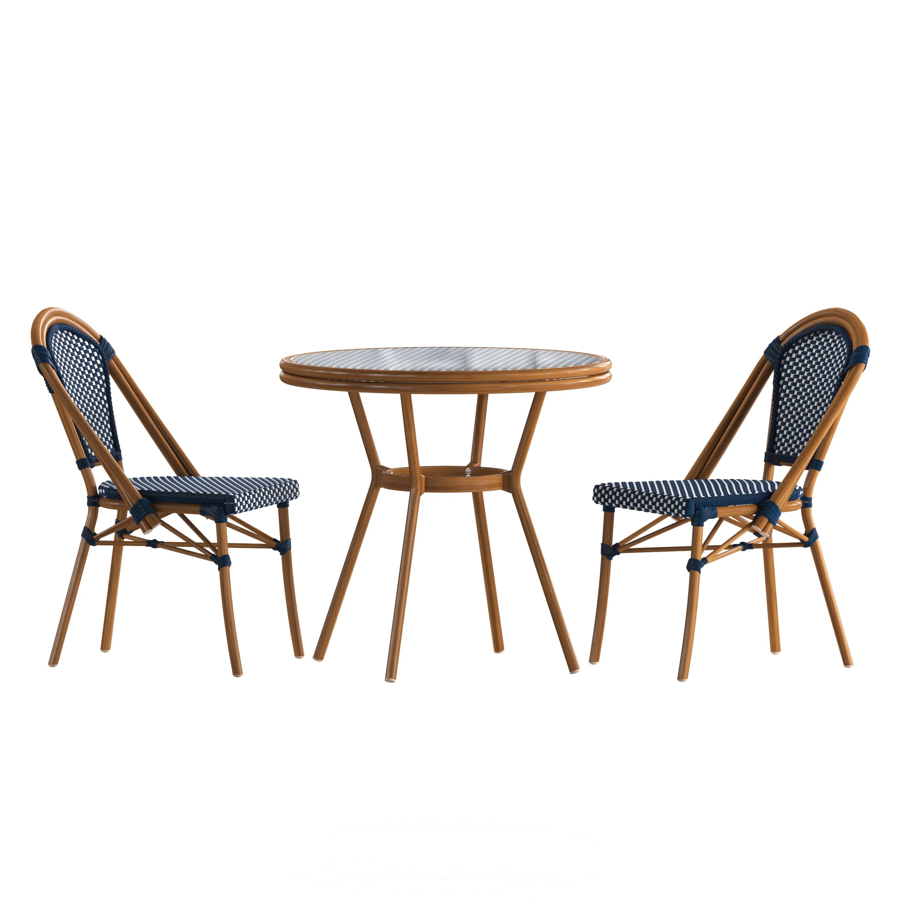 Bordeaux Indoor/Outdoor Commercial Bistro 31.5" Table, PE Rattan, Glass Top with 2 Stack Chairs