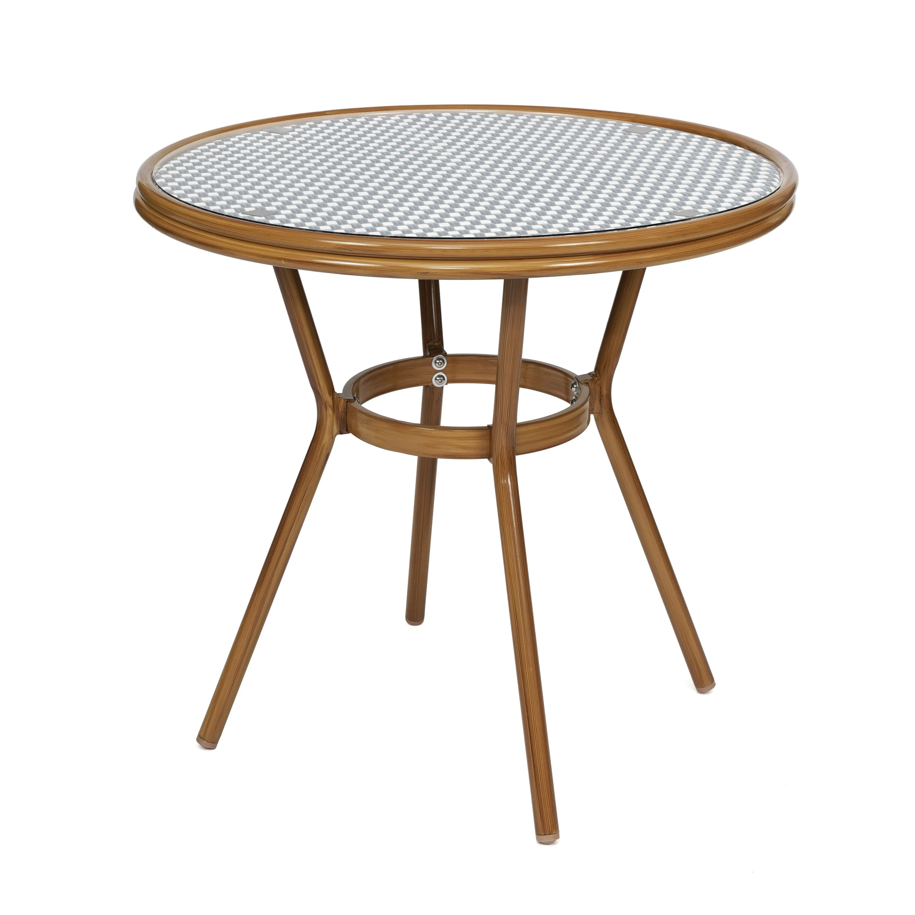 Bordeaux Indoor/Outdoor Commercial Bistro 31.5" Table, PE Rattan, Glass Top with 2 Stack Chairs