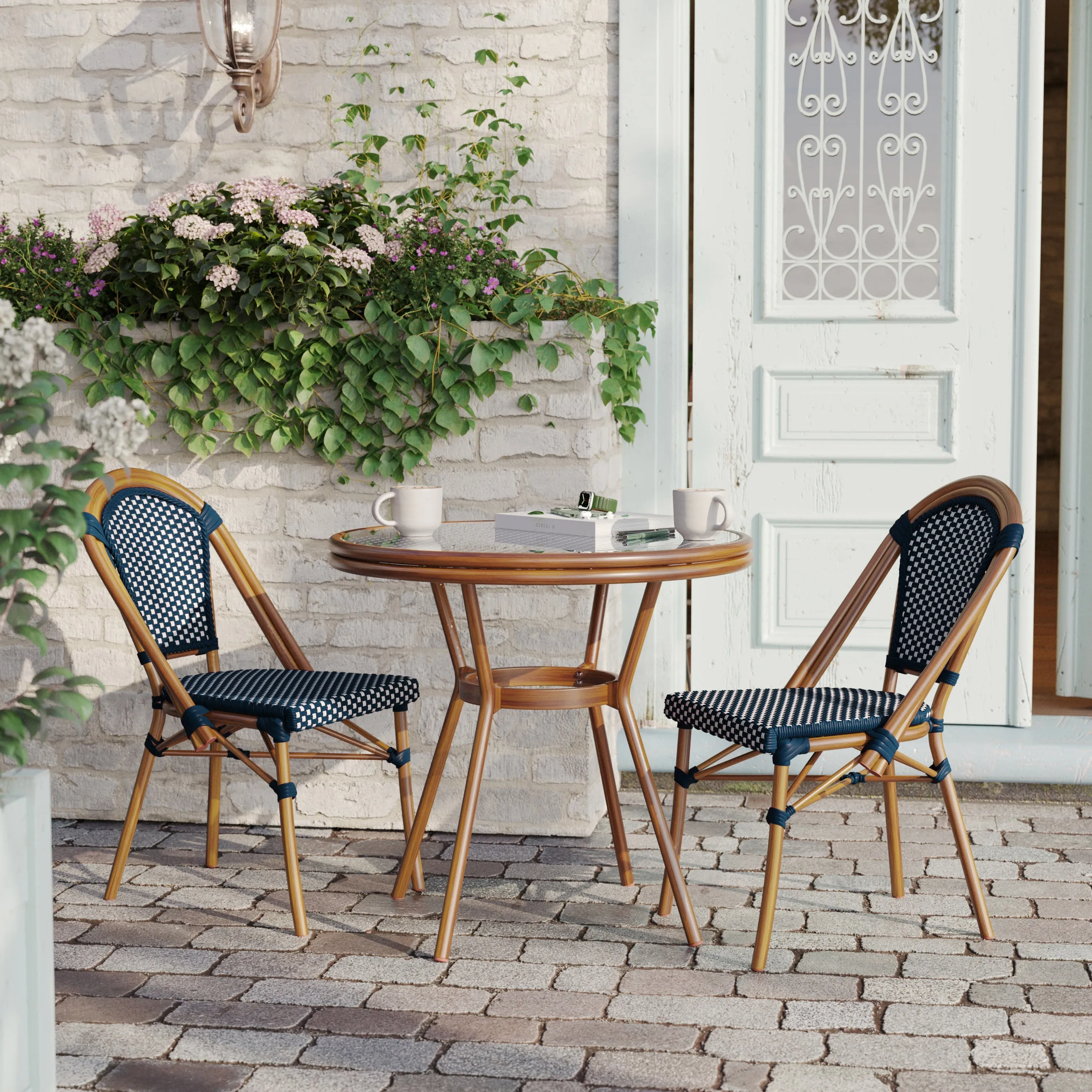 Bordeaux Indoor/Outdoor Commercial Bistro 31.5" Table, PE Rattan, Glass Top with 2 Stack Chairs