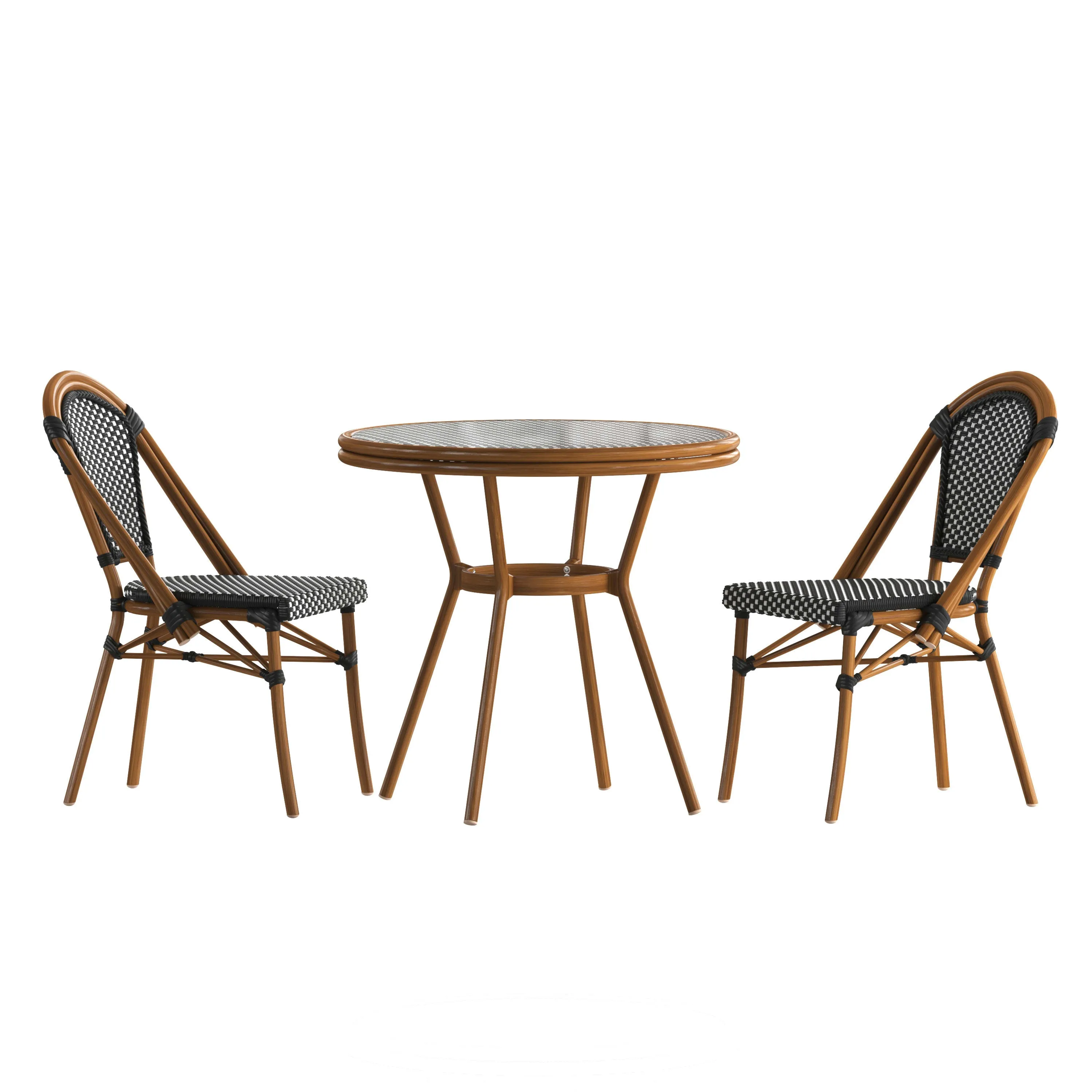 Bordeaux Indoor/Outdoor Commercial Bistro 31.5" Table, PE Rattan, Glass Top with 2 Stack Chairs