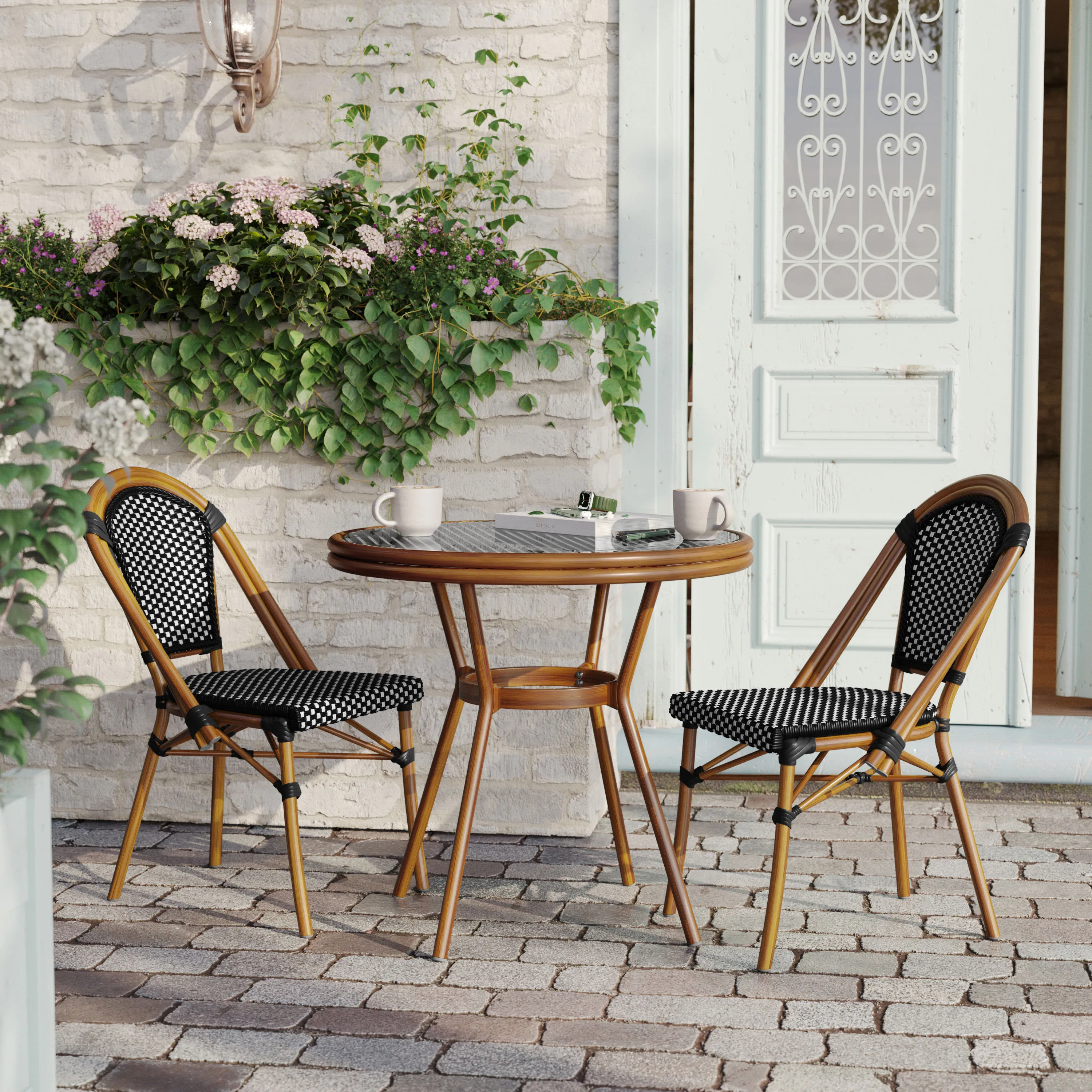 Bordeaux Indoor/Outdoor Commercial Bistro 31.5" Table, PE Rattan, Glass Top with 2 Stack Chairs