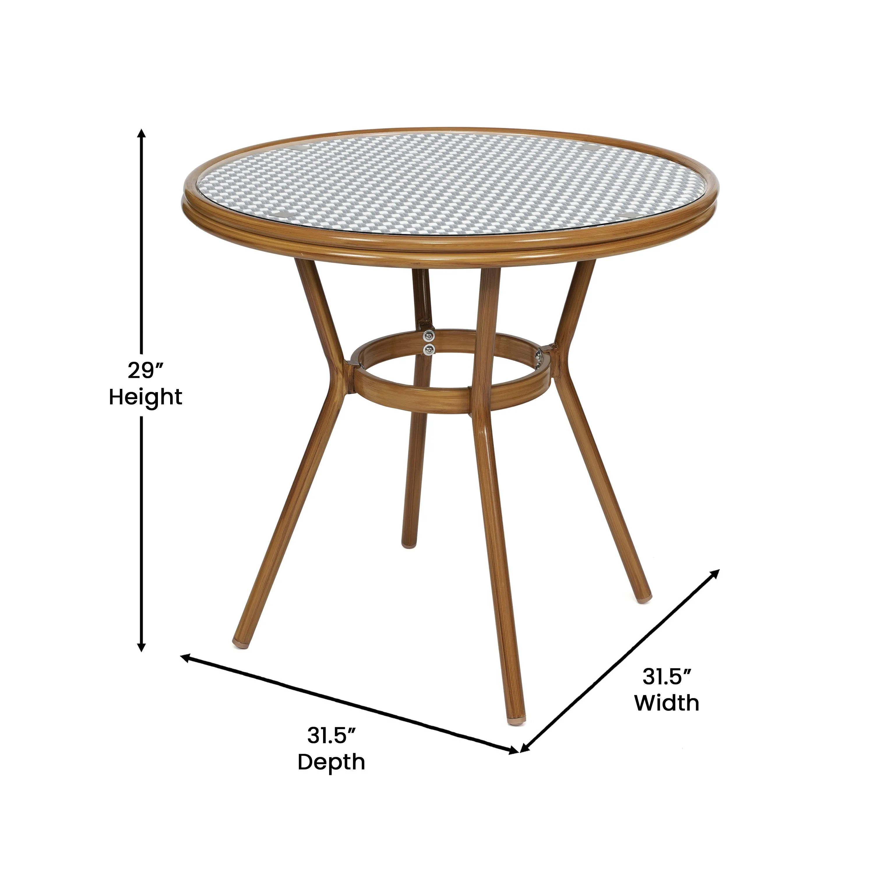 Bordeaux Indoor/Outdoor Commercial Bistro 31.5" Table, PE Rattan, Glass Top with 2 Stack Chairs