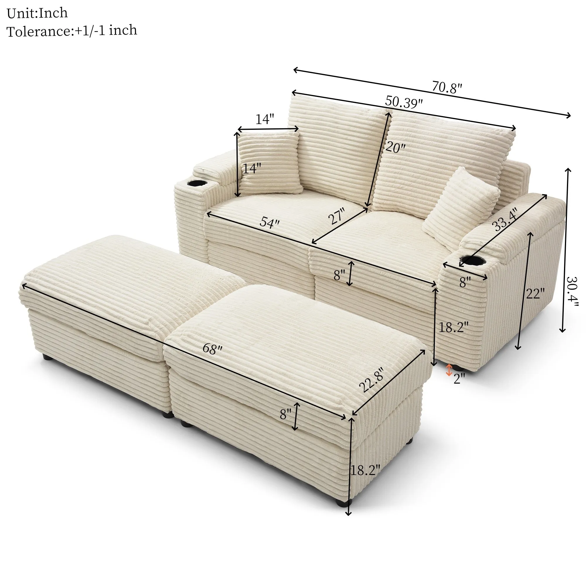 Brianna Loveseat with Ottomans - Cream