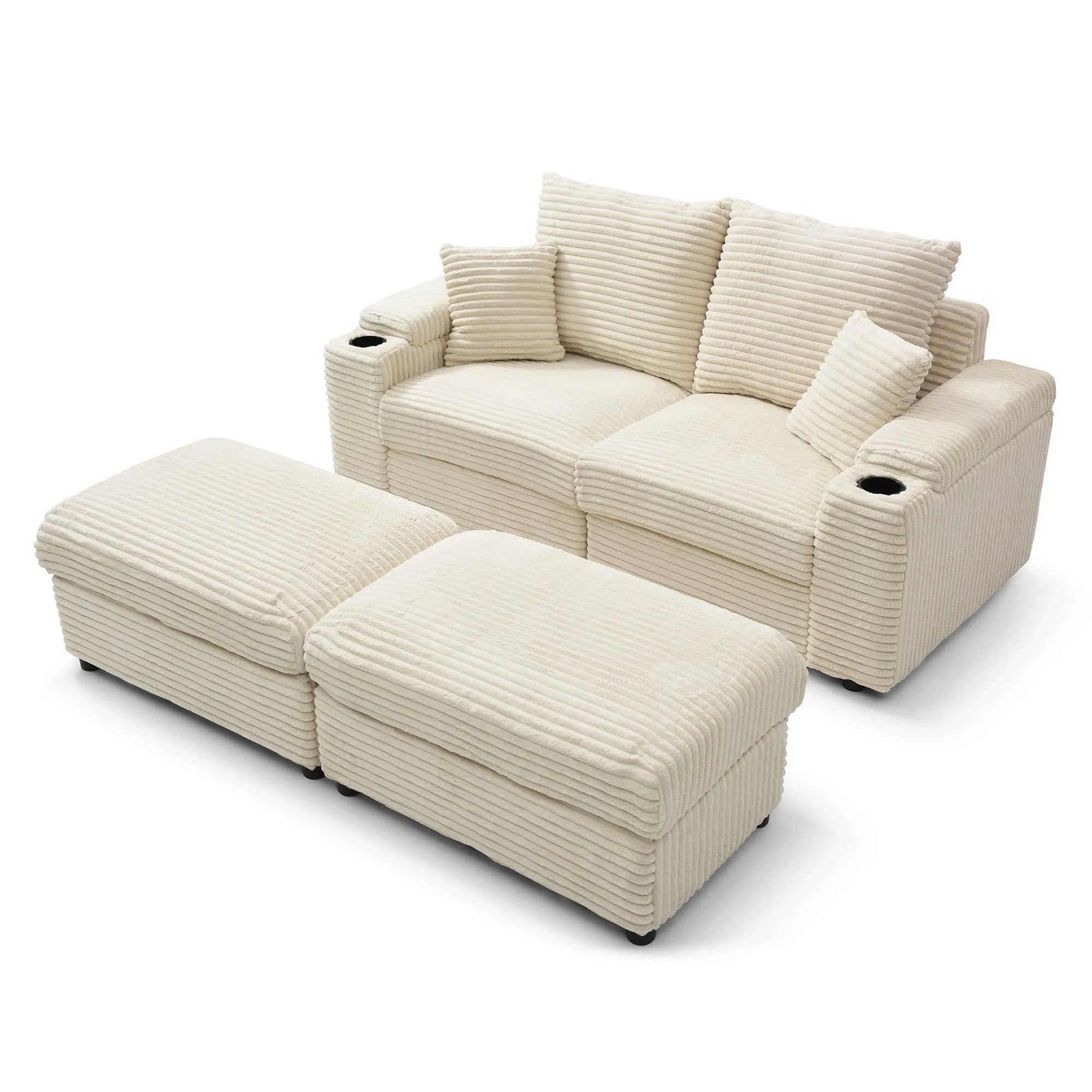 Brianna Loveseat with Ottomans - Cream