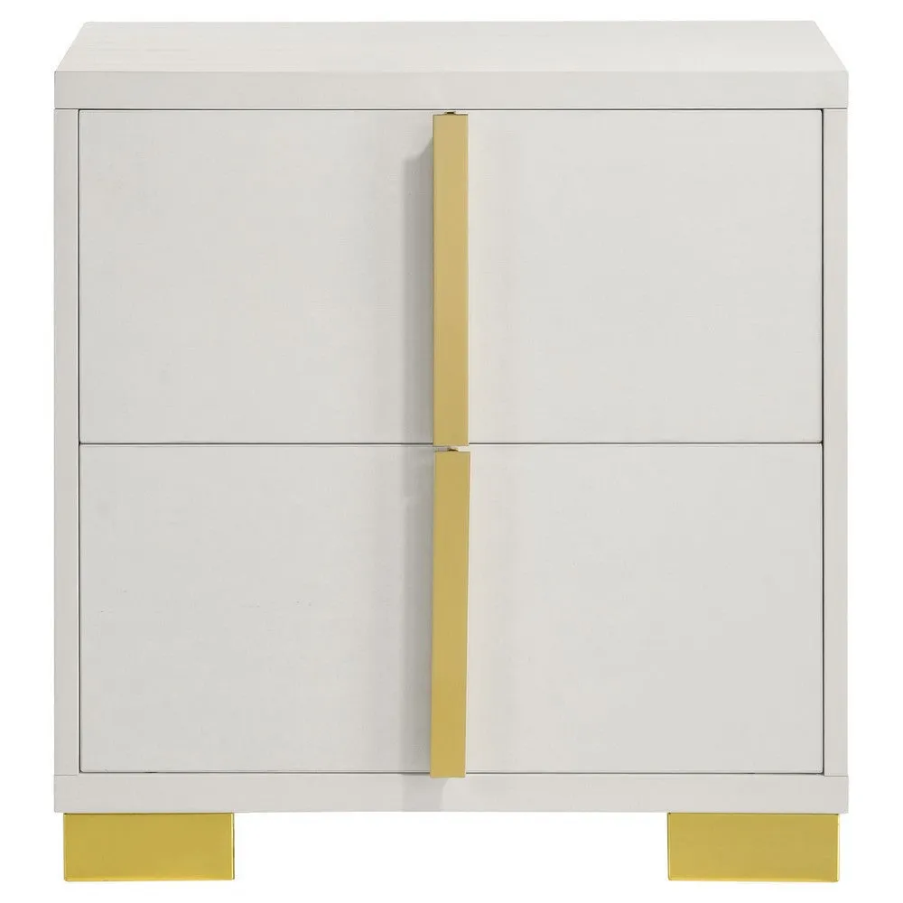 Dex 22 Inch Nightstand, 2 Drawers with Long Vertical Gold Handles, White By Casagear Home