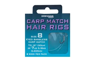 Drennan Carp Match Hair Rigs Eyed Barbless Hooks To Nylon