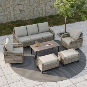 EAGLE PEAK 6 Piece Wicker Outdoor Patio Furniture Set, Patio Set with 2 Swivel Rocking Chairs, 3 Seat Loveseat Sofa, 2 Ottomans, and Coffee Table, Brown/Gray